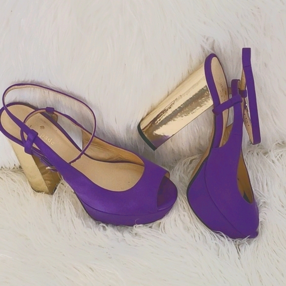 kate spade Shoes - Kate Spade Satin Disco Platform Pumps Peep Toe Metallic Gold Purple Box